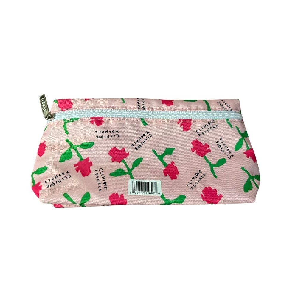 Clinique X Donald Floral Makeup Bag Pink W/ Green Flower Pattern Zipper Pouch 9. - Picture 2 of 9